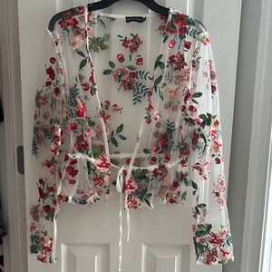 PrettyLittleThing White and Pink Tie Front Embellished Blouse